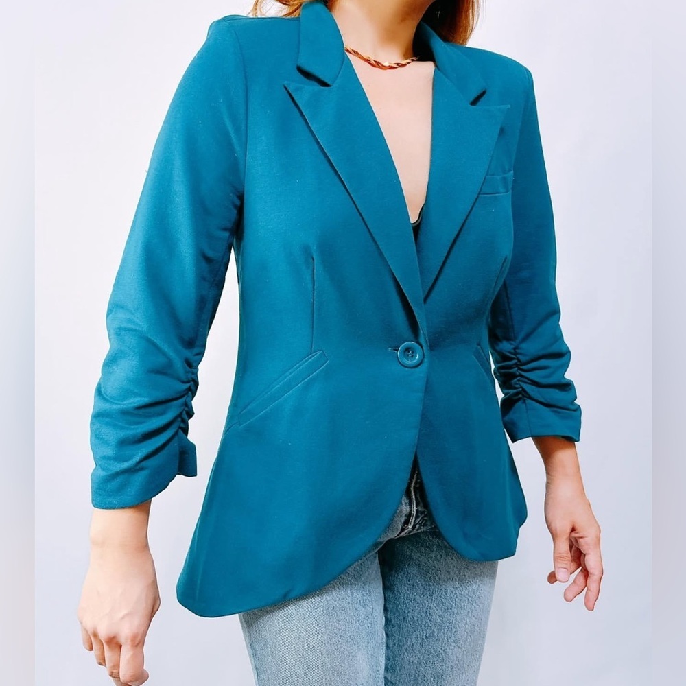 ModCloth teal jersey blazer 3X stretch ruched sleeve Curvy Girl Office
